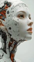A futuristic portrait of a human-robot hybrid, blending organic and mechanical elements. The image captures the balance between man and machine, ideal for tech, sci-fi, or cyberpunk advertising.