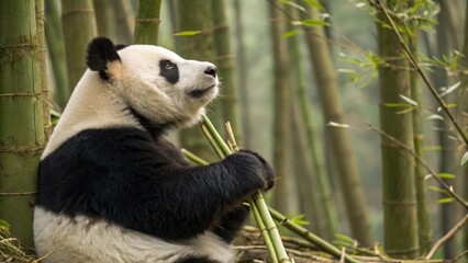 Fototapeta premium a panda bear enjoying a bamboo meal in a bamboo forest 