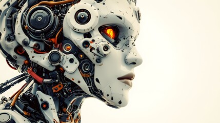 A futuristic portrait of a human-robot hybrid, blending organic and mechanical elements. The image captures the balance between man and machine, ideal for tech, sci-fi, or cyberpunk advertising.
