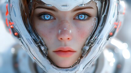 A futuristic portrait of a human-robot hybrid, blending organic and mechanical elements. The image captures the balance between man and machine, ideal for tech, sci-fi, or cyberpunk advertising.