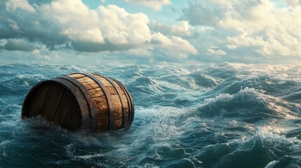 Fototapeta premium Wooden barrel adrift in stormy sea (1)