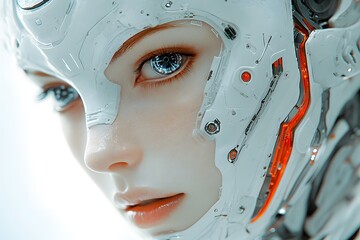 A futuristic portrait of a human-robot hybrid, blending organic and mechanical elements. The image captures the balance between man and machine, ideal for tech, sci-fi, or cyberpunk advertising.