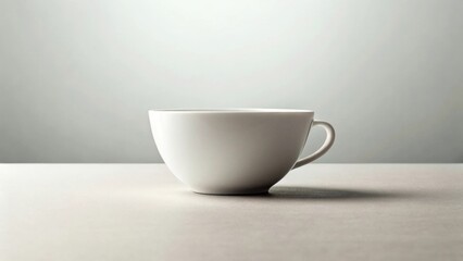 a clean white porcelain cup sits on a light grey surface, ready for its morning brew. Its smooth texture and simple design evoke a sense of tranquility.  