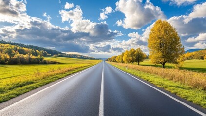 Fototapeta premium Autumn Road Extends Through Golden Fields