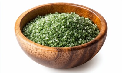 Green salt crystals in wooden bowl