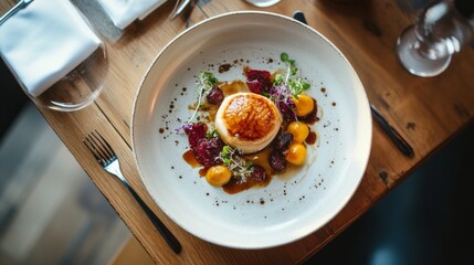 Gourmet foie gras elegantly arranged on a rustic wooden table, garnished with vibrant greens and colorful accompaniments, inviting an unforgettable dining experience