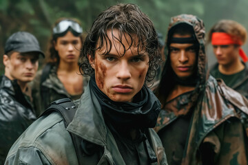 Fototapeta premium Determined young adults with dirty faces in camouflage jackets and bandanas in forest