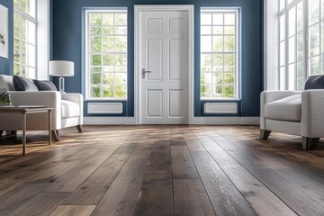 Obraz premium Spacious, bright, elegant living room with hardwood floors, white sofas, and large windows.