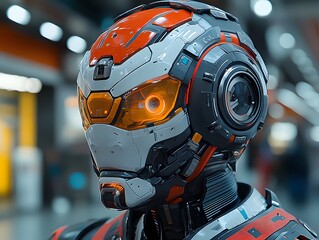 A futuristic portrait of a human-robot hybrid, blending organic and mechanical elements. The image captures the balance between man and machine, ideal for tech, sci-fi, or cyberpunk advertising.