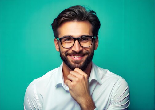 Smiling Man in Glasses, Studio Portrait Against Teal Background.