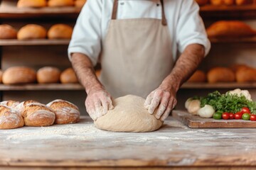 artisan baker at work kneading dough on floured wooden table illuminated by warm natural light