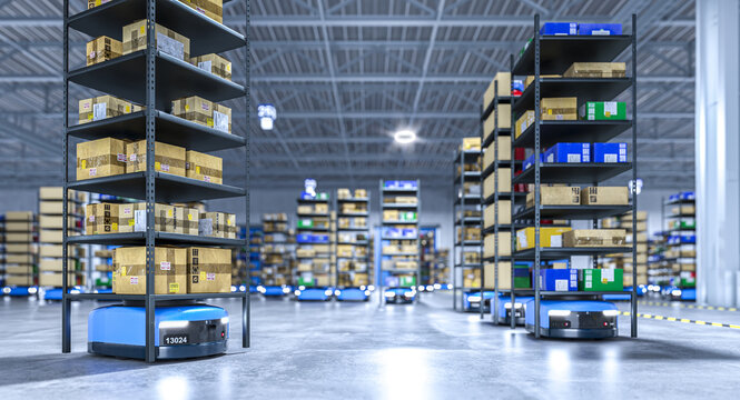 Smart robots carrying shelves with goods in distribution center using artificial intelligence