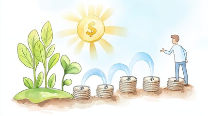A man waters plants growing near stacks of coins under a sun with a dollar symbol, symbolizing financial growth and investment, watercolor style.