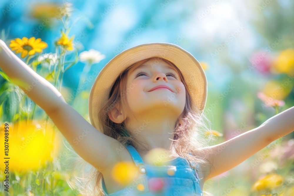 Poster smiling child enjoying a sunny day in a vibrant flower field with arms outstretched towards the clea