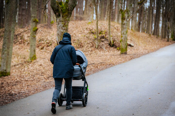A person in a dark winter jacket and beanie pushes a baby stroller along a paved path in a forest....