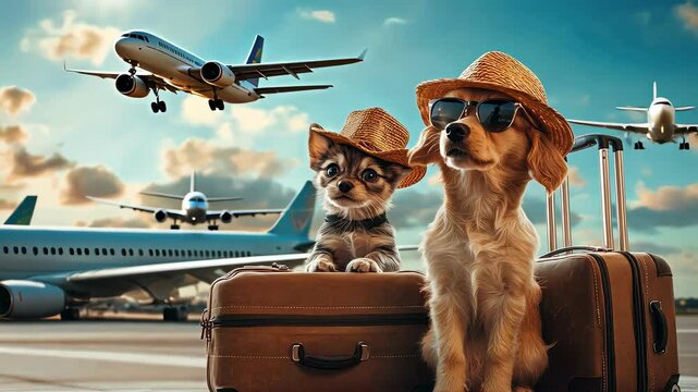 animals with suitcases on the background of the airplane. Selective focus