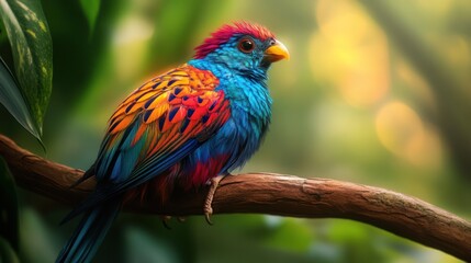 Fototapeta premium Colorful bird resting on branch in lush green tropical jungle, sunlit backdrop