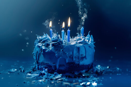 blue smashed birthday cake with candles