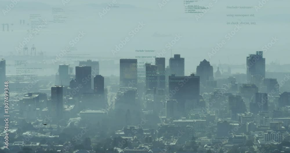 Poster animation of programming code overlaying city skyline in hazy atmosphere