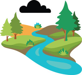 river brook nature tree sky grass soothing illustration vector