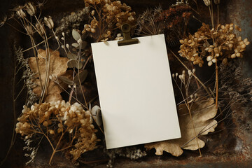 Blank greeting card, invitation mockup with golden brass bulldog clip. Detailed closeup view of dried hydrangea flowers, herbs. Decorative floral arrangement, blurred dark moody. Wedding stationery.
