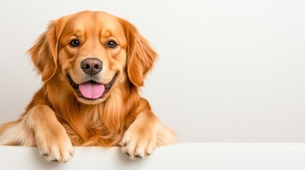 A cheerful golden retriever peeks over a white surface, showcasing its friendly demeanor, This image is perfect for pet-related content, advertising, or social media posts highlighting companionship,