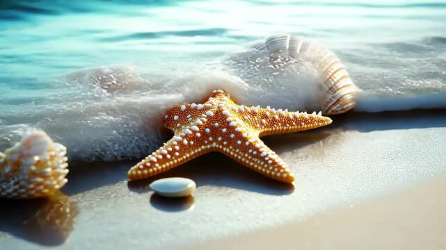 starfish and shells on the beach. Selective focus