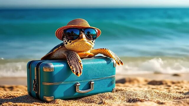 Turtle on the background of the sea with a suitcase. Selective focus