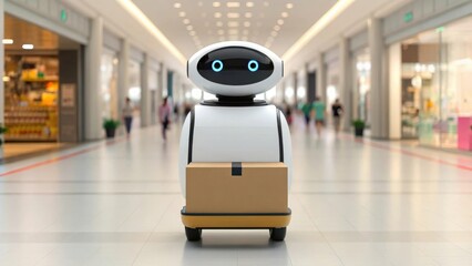 a robot delivers a cardboard box in a shopping mall hallway, suggesting a delivery concept