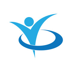 Abstract round symbol with happy human silhouette. Sport, fitness, medical or health care center logo design concept.