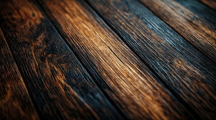 Fototapeta premium Dark wood texture background, rustic planks, diagonal perspective, product display