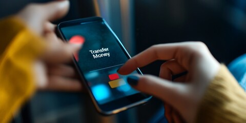 A person using a smartphone to transfer money. The mobile screen displays the transfer option clearly. Focus on user interaction and digital finance. Modern, vibrant style. AI