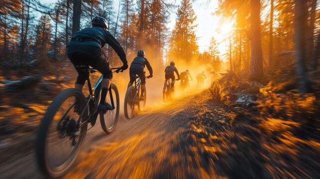 Mountain Biking in the Sunset Forest – Athletes in protective gear tackle challenging mountain trails on their bikes, their silhouettes disappearing into the golden light and rising clouds of dust..