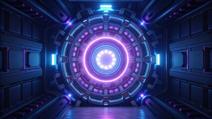 futuristic sci-fi spaceship interior with glowing neon lights. The blue and purple lights create an otherworldly atmosphere, making the space seem both mysterious and inviting