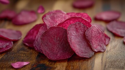 Obraz premium Dehydrated Beetroot Chips on Wood, Close-Up