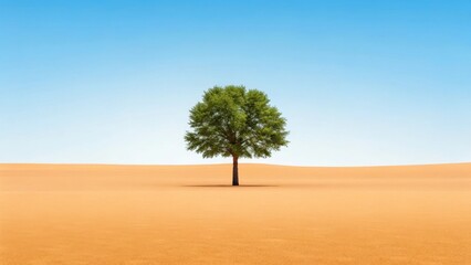 a solitary tree stands gracefully in a desert landscape under a clear blue sky, evokes feeling of resilience and hope