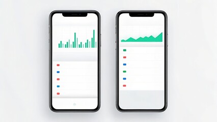 two modern smartphones displaying data visualization charts, showcasing growth and statistics. The phones are against a backdrop