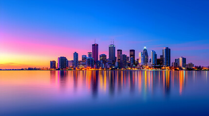 Fototapeta premium Vibrant City Skyline at Sunset with Water Reflection
