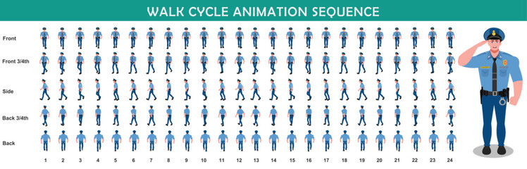 Police walk cycle animation sequence, Frame by frame animation of police officer walk.
