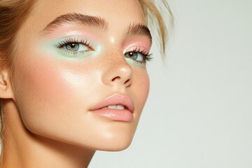 Naklejka premium close-up of woman face showcasing delicate spring makeup featuring pastel eyeshadow and soft pink lip set against neutral