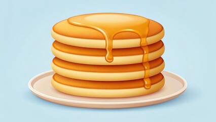 a stack of pancakes with syrup drizzling on top, ready for breakfast or brunch. The pancakes are golden brown, fluffy and served on a plate