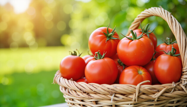 Handwoven straw basket filled with ripe red tomatoes, fresh harvest