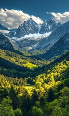 Majestic snow-capped peaks overlook lush green valley