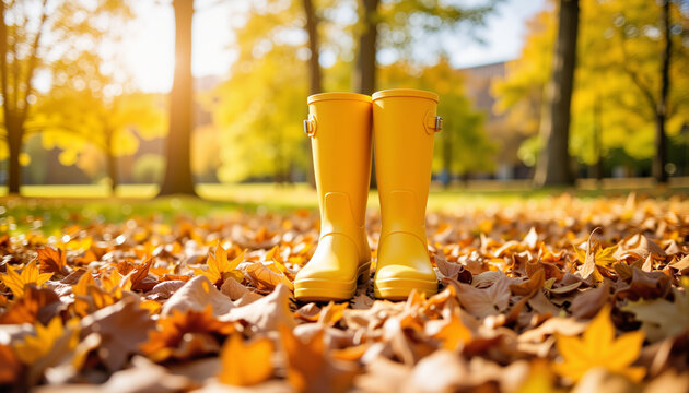 Yellow rain boots surrounded by autumn leaves in sunny park, nature's beauty