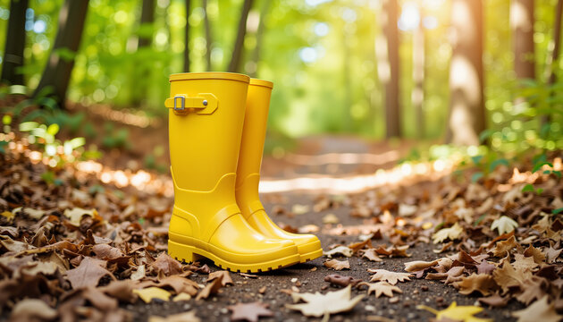 Vibrant yellow rain boots on sunny hiking trail, nature exploration