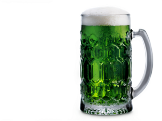 A transparent beer mug filled with frothy green beer, with condensation forming on the glass, set against a white background.