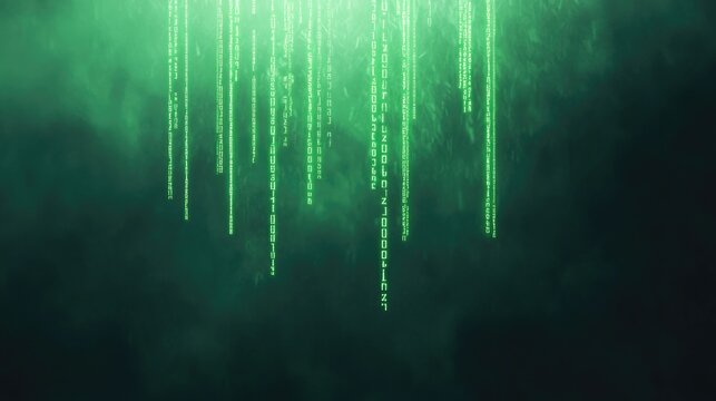 floating binary code streams forming digital rain effect glowing in bright green against dark background