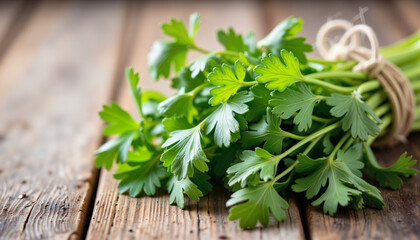 Fresh cilantro bundle displayed on rustic wooden table, culinary delight