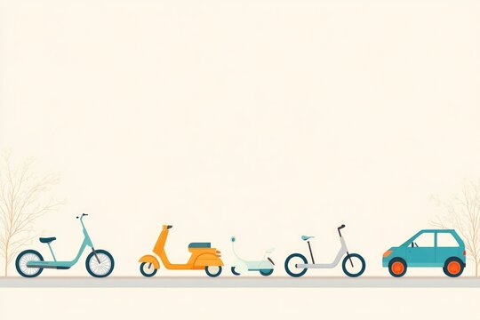 illustration of various eco-friendly transportation options line-drawn in flat style including bicycles scooters and