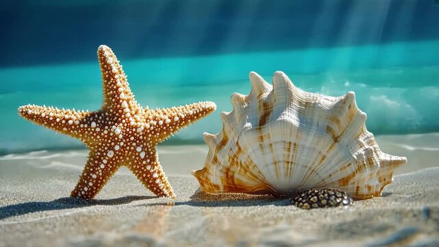 starfish and shells on the beach. Selective focus
